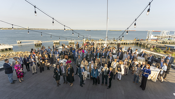 Guests and honorees gather on the Captain’s Deck for a cocktail reception at the 2024 Hall of Fame celebration on board the legendary Queen Mary in the Port of Long Beach.