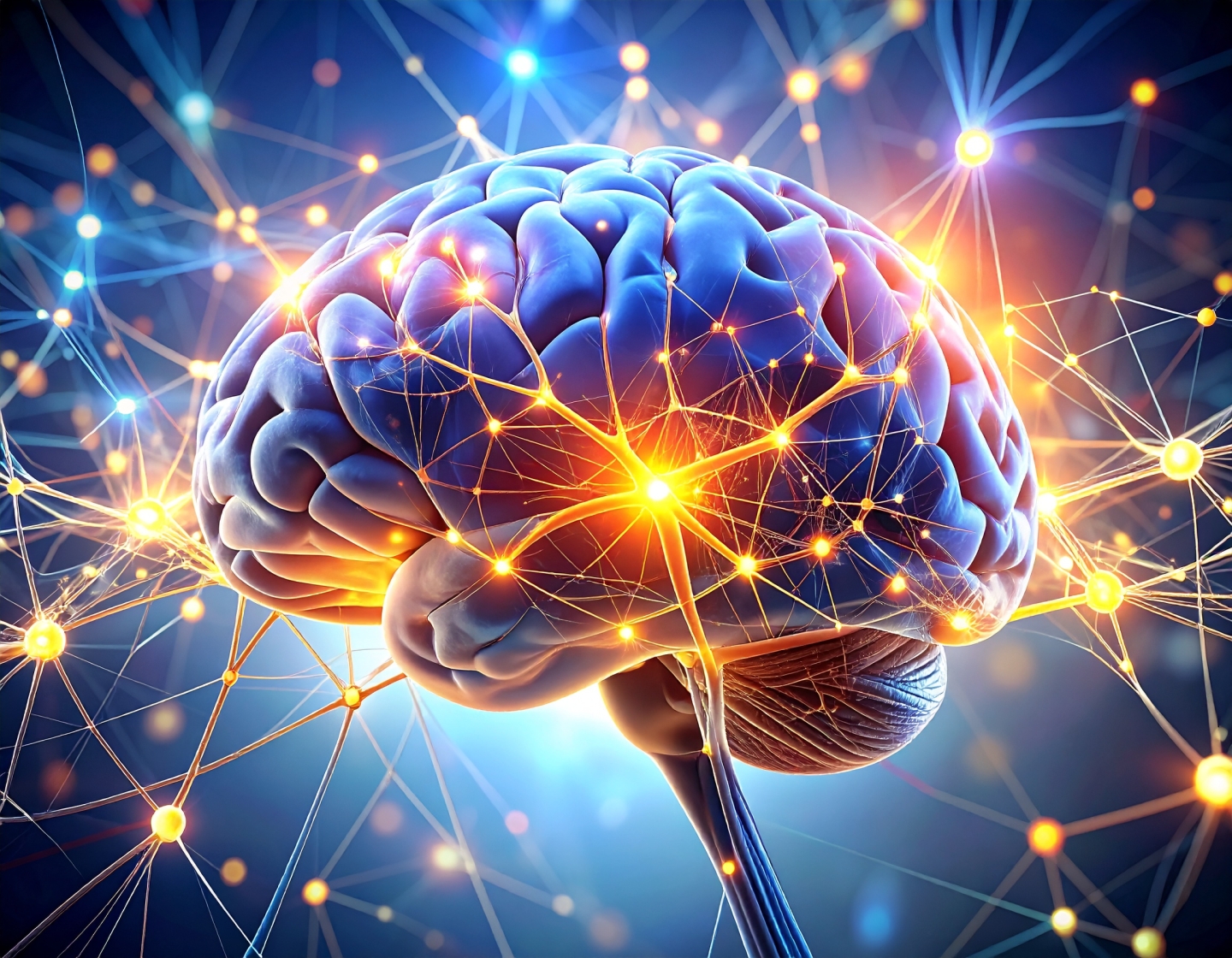 Digital illustration of a human brain glowing with a golden neural network of interconnected nodes