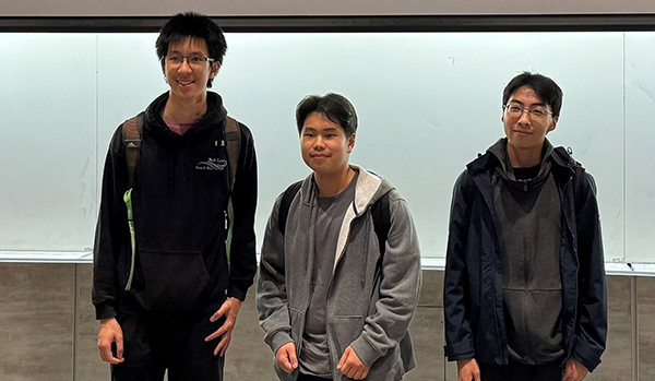From left, Nick Li, Ruize Tian and Cory Tsan won first place ($300) at E-Week’s Design and Pitch Scramble for their fire-fighting and prevention device, the Flame Shield Sentinel.