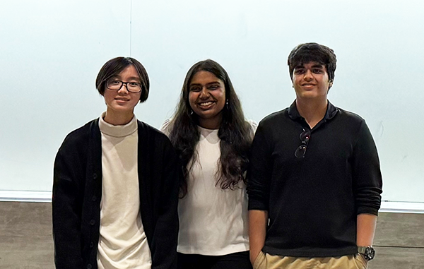 From left, Ashley Roselynn Vincent, Jayla Kwong and Sahil Kulkarni won third place and $100 for their device, the Inferno Helmet.