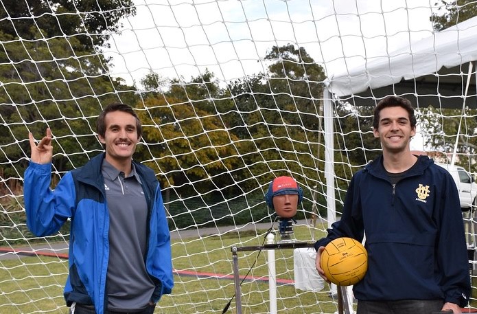 UCI engineering alumni Theophil (TJ) Oros (left) and Nick Cecchi developed a headgear test method specific to water polo and conducted the first ever study on the efficacy of water polo headgears.