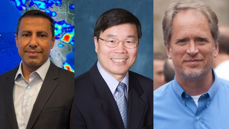 From left: UCI Chancellor’s Professor Amir AghaKouchak, Distinguished Professors Xiaoqing Pan and A. Lee Swindlehurst