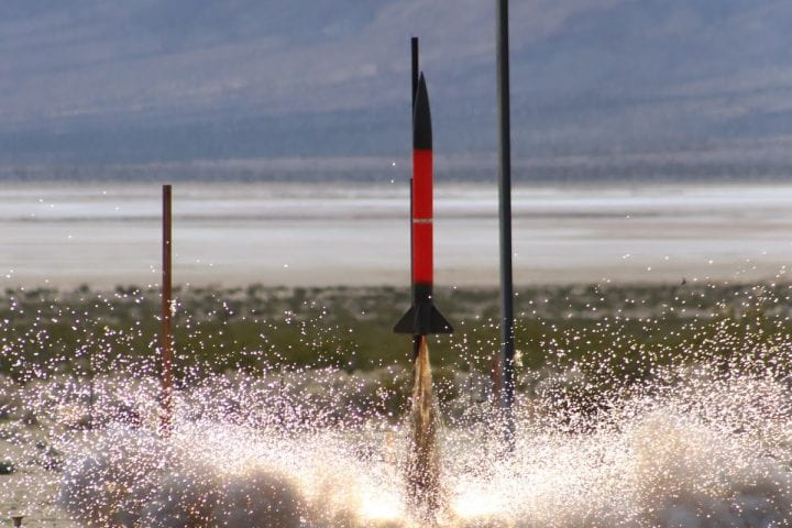 UC Irvine students’ winter-quarter 2024 rocket blasts off from the Mojave Desert testing site. Antoine Nguyen