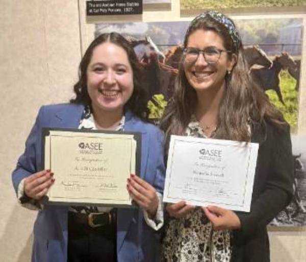 Lili Castillo '22 (left) and Professor Natascha Buswell (right) with the respective awards they received from the American Society of Engineering Education.